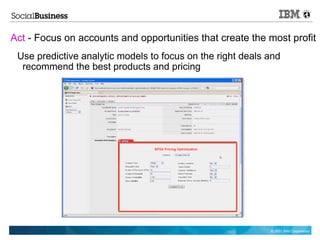 Act - Focus on accounts and opportunities that create the most profit
 Use predictive analytic models to focus on the right deals and
  recommend the best products and pricing




                                                            © 2011 IBM Corporation
 