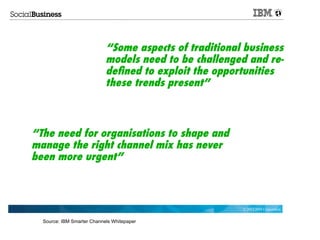“Some aspects of traditional business
                            models need to be challenged and re-
                            deﬁned to exploit the opportunities
                            these trends present”



“The need for organisations to shape and
manage the right channel mix has never
been more urgent”



                                                        © 2012 IBM Corporation


  Source: IBM Smarter Channels Whitepaper
 