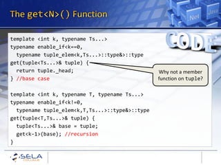 template <int k, typename Ts...>
typename enable_if<k==0,
  typename tuple_elem<k,Ts...>::type&>::type
get(tuple<Ts...>& tuple) {
  return tuple._head;                            Why not a member
} //base case                                    function on tuple?

template <int k, typename T, typename Ts...>
typename enable_if<k!=0,
  typename tuple_elem<k,T,Ts...>::type&>::type
get(tuple<T,Ts...>& tuple) {
  tuple<Ts...>& base = tuple;
  get<k-1>(base); //recursion
}
 