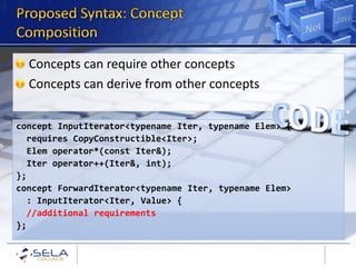 Concepts can require other concepts
  Concepts can derive from other concepts

concept InputIterator<typename Iter, typename Elem> {
   requires CopyConstructible<Iter>;
   Elem operator*(const Iter&);
   Iter operator++(Iter&, int);
};
concept ForwardIterator<typename Iter, typename Elem>
   : InputIterator<Iter, Value> {
   //additional requirements
};
 