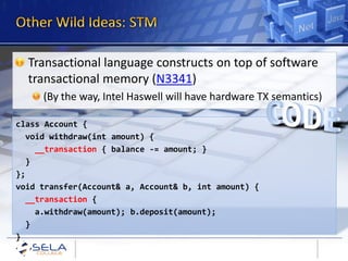 Transactional language constructs on top of software
  transactional memory (N3341)
     (By the way, Intel Haswell will have hardware TX semantics)

class Account {
  void withdraw(int amount) {
    __transaction { balance -= amount; }
  }
};
void transfer(Account& a, Account& b, int amount) {
  __transaction {
    a.withdraw(amount); b.deposit(amount);
  }
}
 