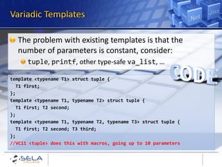 The problem with existing templates is that the
  number of parameters is constant, consider:
      tuple, printf, other type-safe va_list, …

template <typename T1> struct tuple {
  T1 first;
};
template <typename T1, typename T2> struct tuple {
  T1 first; T2 second;
};
template <typename T1, typename T2, typename T3> struct tuple {
  T1 first; T2 second; T3 third;
};
//VC11 <tuple> does this with macros, going up to 10 parameters
 