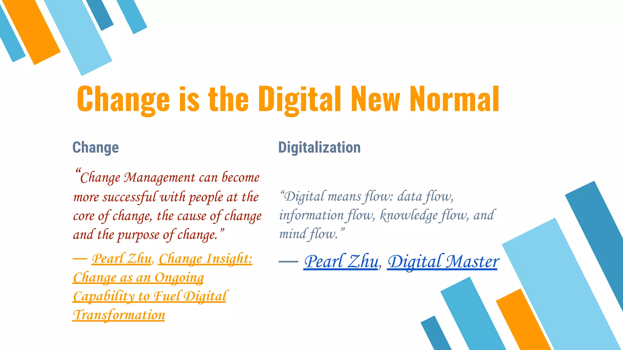 Change
“Change Management can become
more successful with people at the
core of change, the cause of change
and the purpose of change.”
― Pearl Zhu, Change Insight:
Change as an Ongoing
Capability to Fuel Digital
Transformation
Change is the Digital New Normal
Digitalization
“Digital means flow: data flow,
information flow, knowledge flow, and
mind flow.”
― Pearl Zhu, Digital Master
 