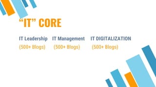 “IT” CORE
Place your screenshot here
IT Leadership IT Management IT DIGITALIZATION
(500+ Blogs) (500+ Blogs) (500+ Blogs)
 
