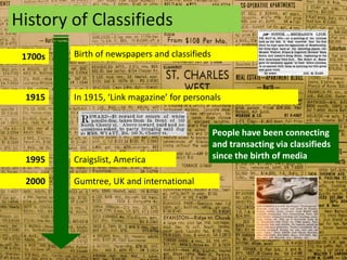 History of Classifieds<br />Birth of newspapers and classifieds<br />1700s<br />In 1915, ‘Link magazine’ for personals<br ...