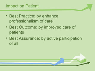 Impact on Patient
• Best Practice: by enhance
professionalism of care
• Best Outcome: by improved care of
patients
• Best Assurance: by active participation
of all
 