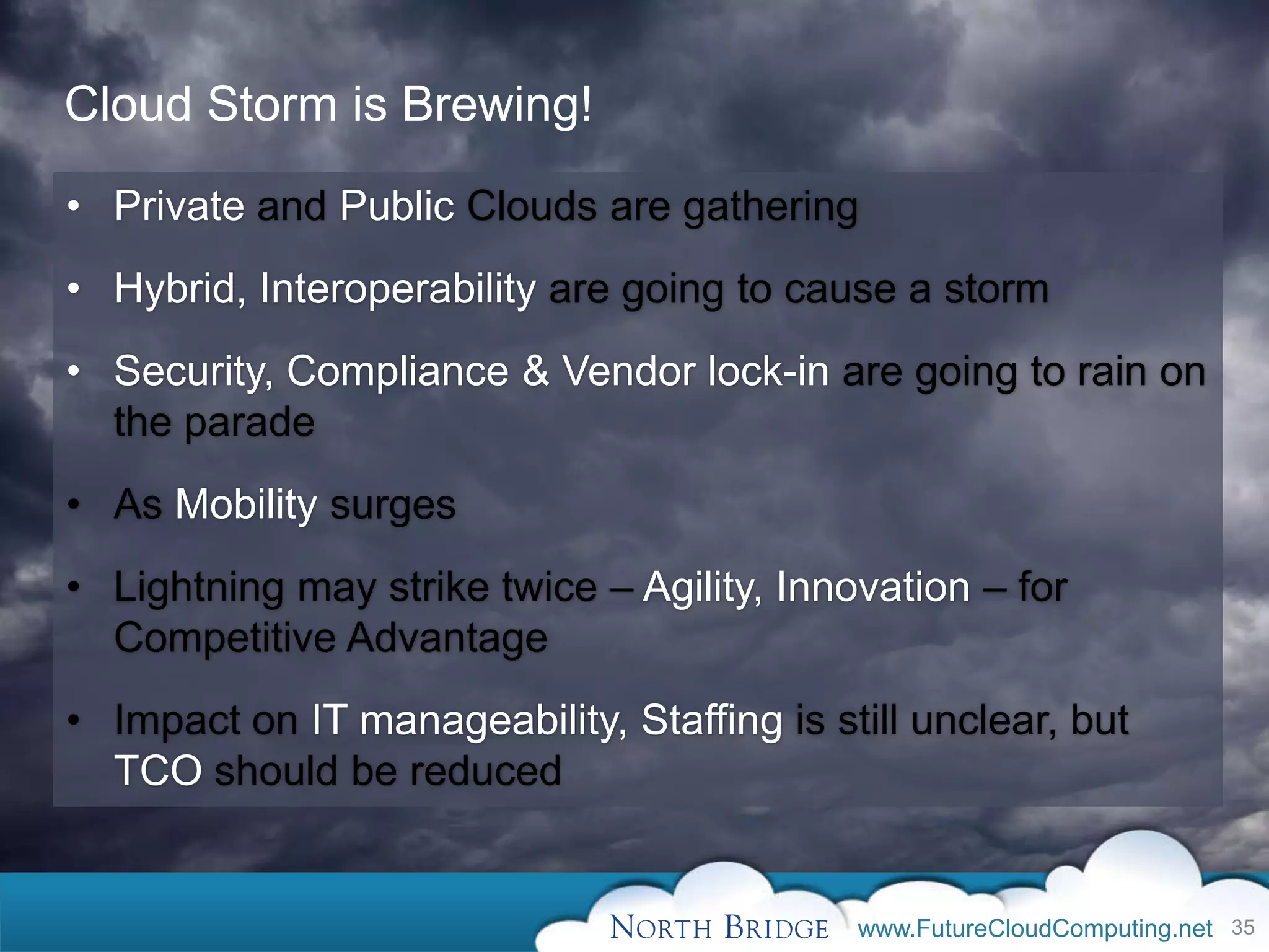 Cloud Storm is Brewing!

• Private and Public Clouds are gathering
• Hybrid, Interoperability are going to cause a storm
• Security, Compliance & Vendor lock-in are going to rain on
  the parade
• As Mobility surges
• Lightning may strike twice – Agility, Innovation – for
  Competitive Advantage
• Impact on IT manageability, Staffing is still unclear, but
  TCO should be reduced


                                            www.FutureCloudComputing.net 35
 