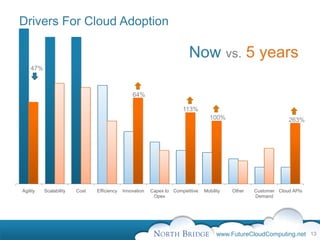 Drivers For Cloud Adoption

                                                                         Now vs. 5 years
    47%



                                                64%

                                                                      113%
                                                                                  100%                          263%




Agility   Scalability   Cost   Efficiency   Innovation   Capex to Competitive   Mobility   Other   Customer Cloud APIs
                                                          Opex                                     Demand




                                                                                      www.FutureCloudComputing.net 13
 