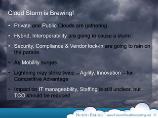 Cloud Storm is Brewing!

• Private and Public Clouds are gathering
• Hybrid, Interoperability are going to cause a storm
• Security, Compliance & Vendor lock-in are going to rain on
  the parade
• As Mobility surges
• Lightning may strike twice – Agility, Innovation – for
  Competitive Advantage
• Impact on IT manageability, Staffing is still unclear, but
  TCO should be reduced


                                            www.FutureCloudComputing.net 35
 