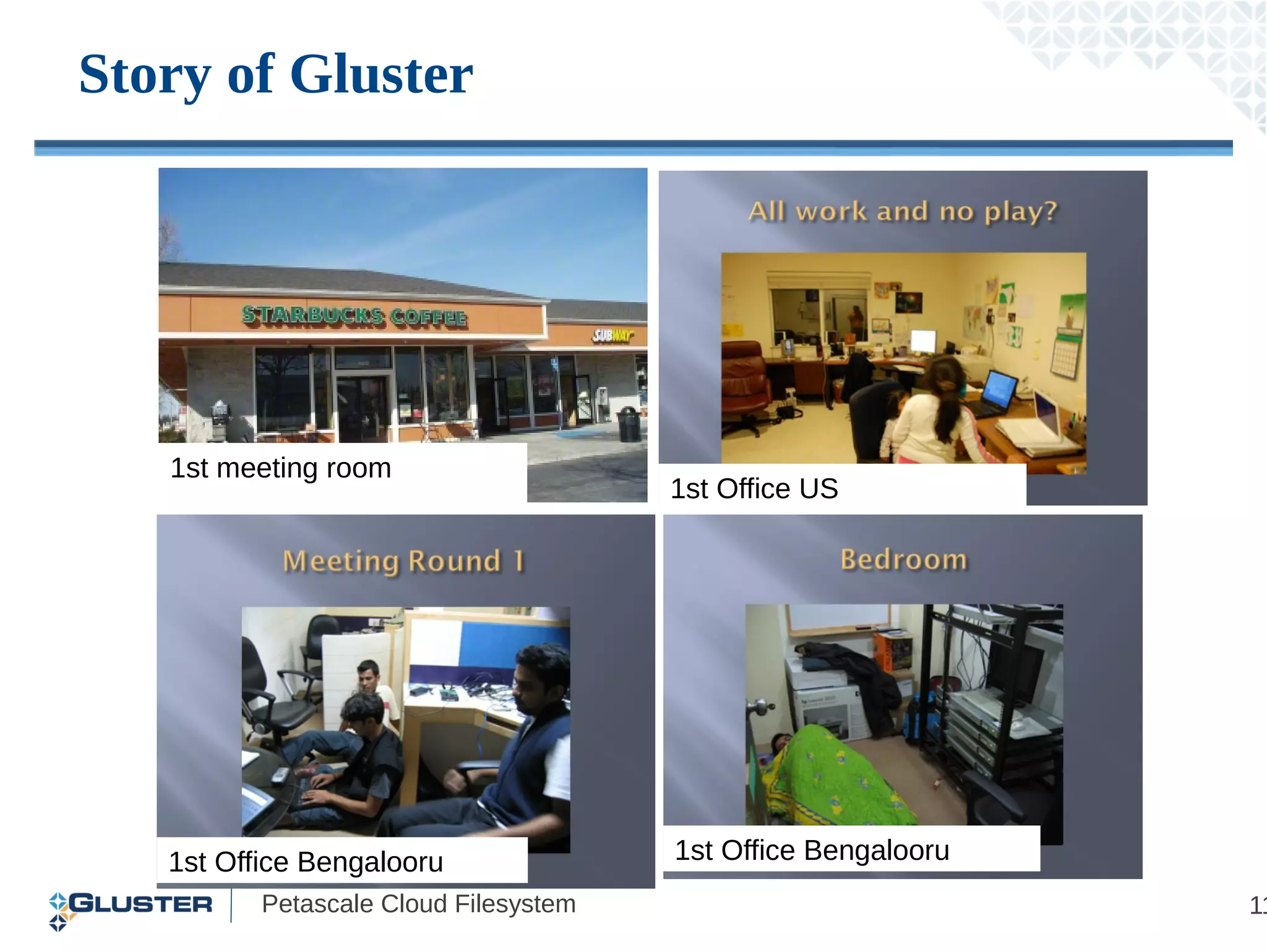Story of Gluster




   1st meeting room
                                       1st Office US




   1st Office Bengalooru               1st Office Bengalooru
          Petascale Cloud Filesystem                           11
 