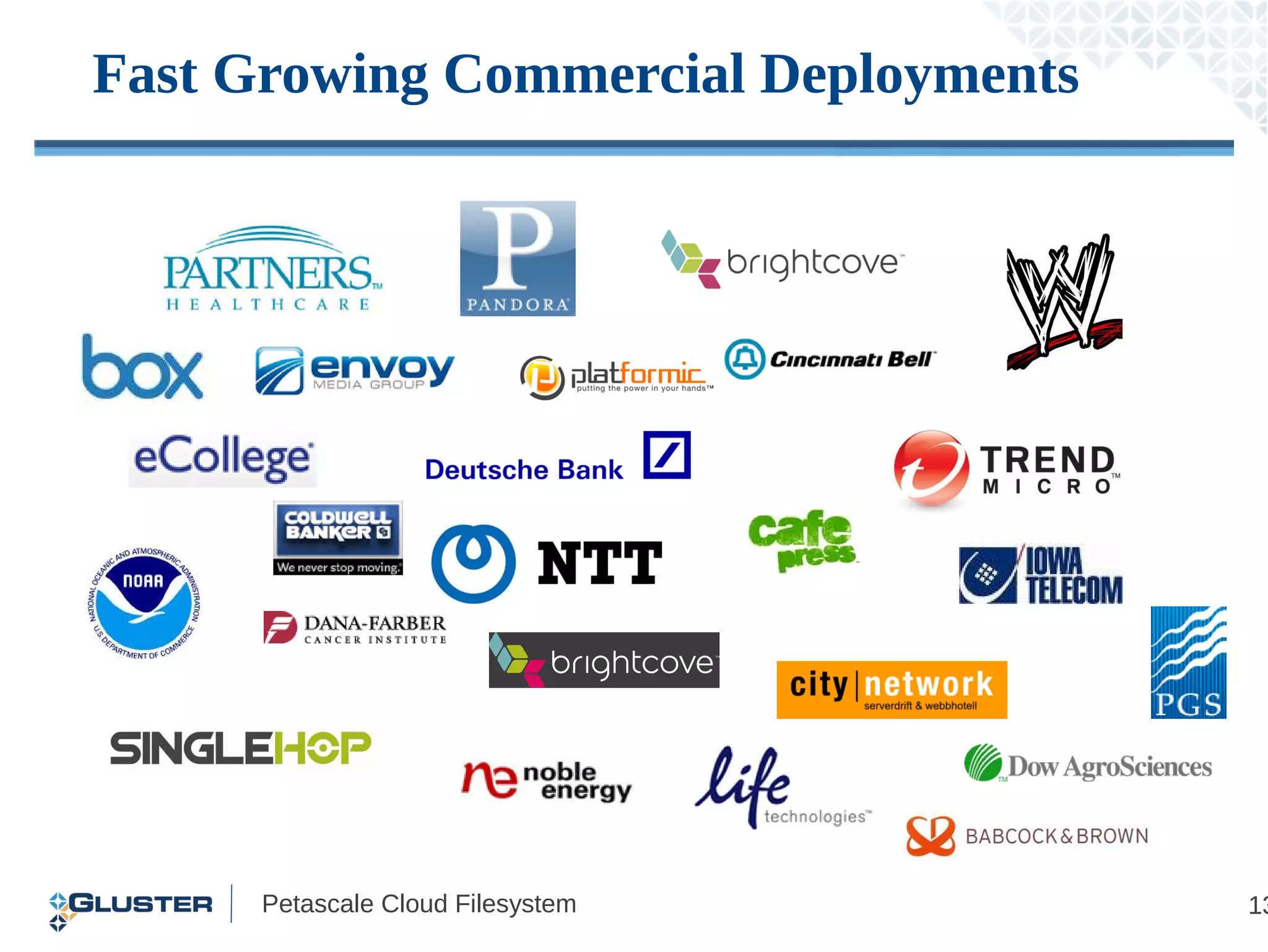 Fast Growing Commercial Deployments




      Petascale Cloud Filesystem      13
 