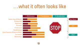 Values, Vision & Mission
Organization
Processes
Infrastructure
Data & Analysis
Value Proposition & Revenue Model
Touchpoints
Relationships
1. Mobilization 2. Coordination 3. Acceleration
Why? Where?
How?
What?
…what it often looks like
Strategy work
 