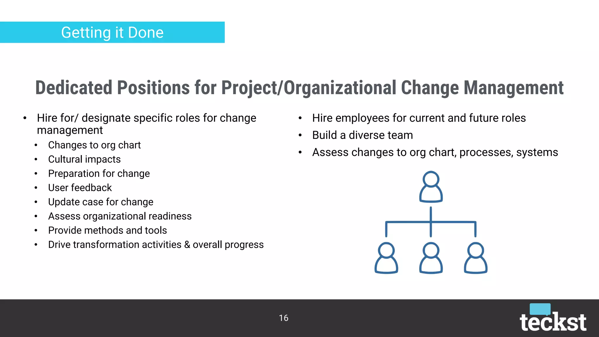 Dedicated Positions for Project/Organizational Change Management
16
Getting it Done
• Hire for/ designate specific roles for change
management
• Changes to org chart
• Cultural impacts
• Preparation for change
• User feedback
• Update case for change
• Assess organizational readiness
• Provide methods and tools
• Drive transformation activities & overall progress
• Hire employees for current and future roles
• Build a diverse team
• Assess changes to org chart, processes, systems
 