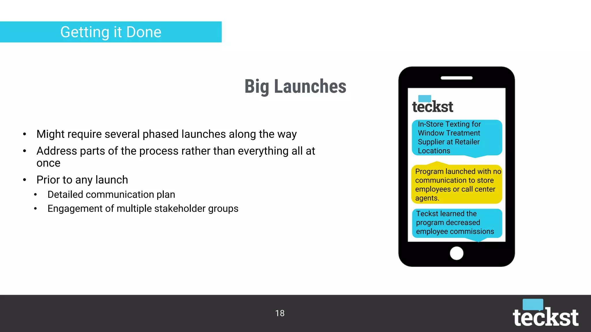 Big Launches
18
Getting it Done
• Might require several phased launches along the way
• Address parts of the process rather than everything all at
once
• Prior to any launch
• Detailed communication plan
• Engagement of multiple stakeholder groups
Program launched with no
communication to store
employees or call center
agents.
In-Store Texting for
Window Treatment
Supplier at Retailer
Locations
Teckst learned the
program decreased
employee commissions
 