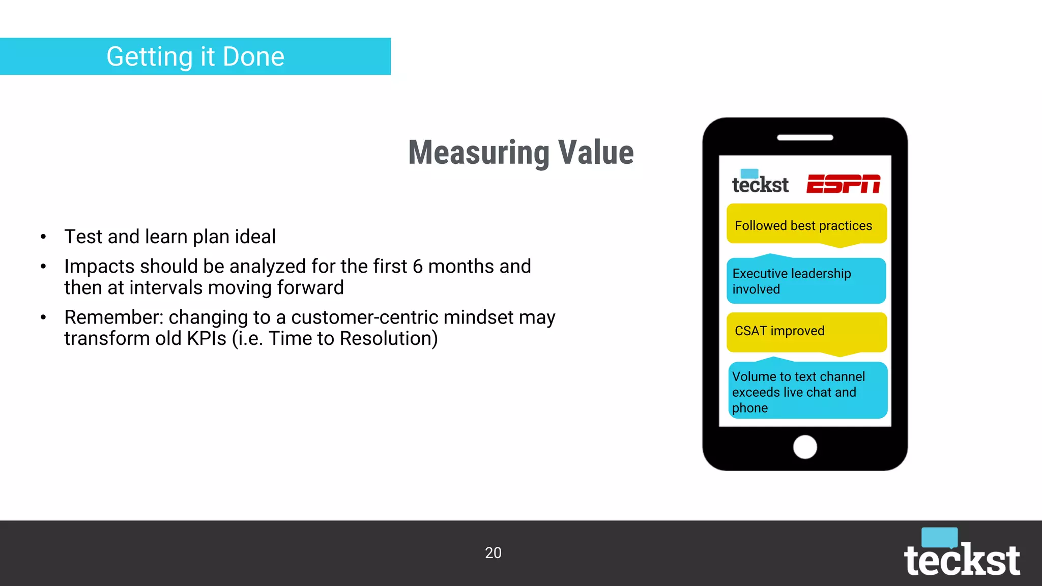 Measuring Value
20
Getting it Done
• Test and learn plan ideal
• Impacts should be analyzed for the first 6 months and
then at intervals moving forward
• Remember: changing to a customer-centric mindset may
transform old KPIs (i.e. Time to Resolution)
Followed best practices
Executive leadership
involved
CSAT improved
Volume to text channel
exceeds live chat and
phone
 