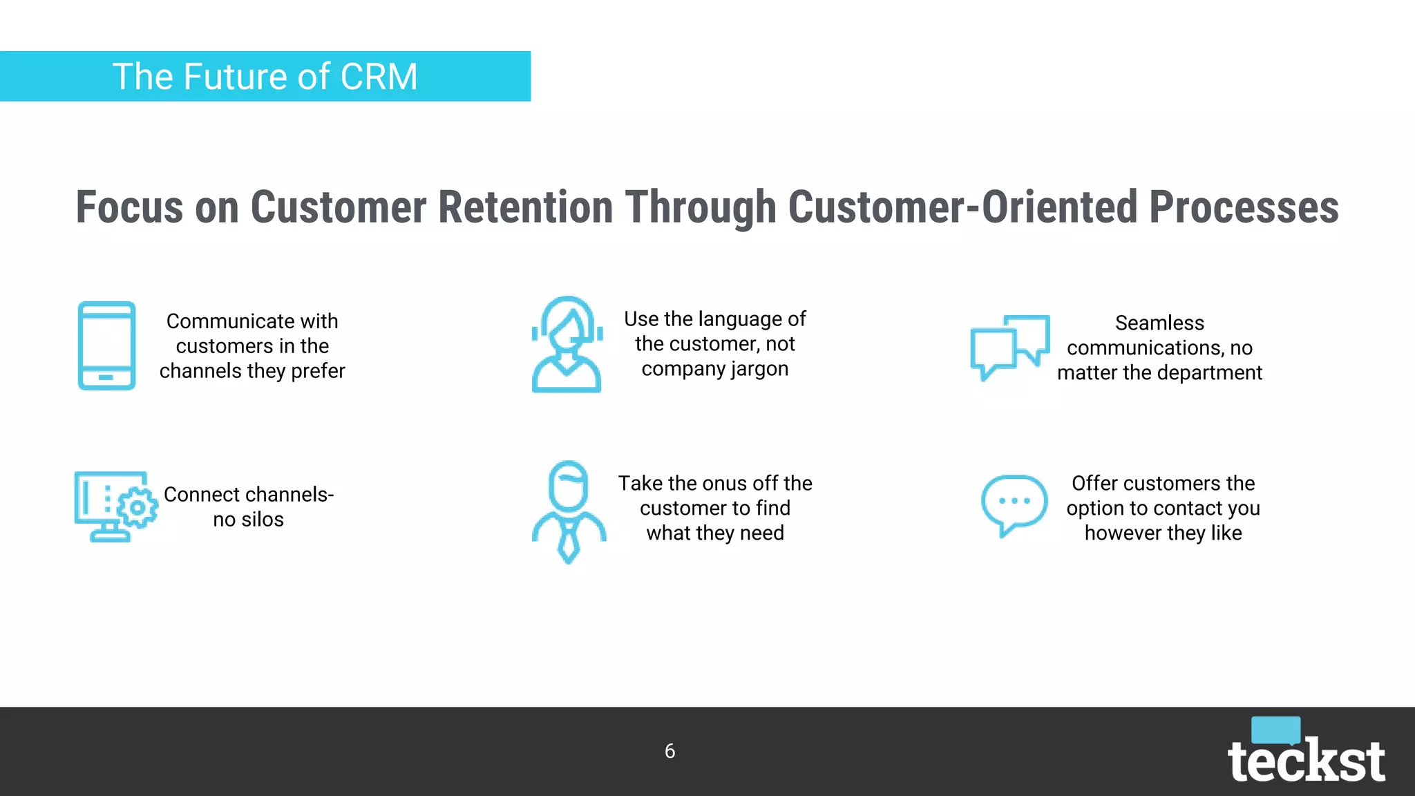 Focus on Customer Retention Through Customer-Oriented Processes
6
The Future of CRM
Communicate with
customers in the
channels they prefer
Use the language of
the customer, not
company jargon
Seamless
communications, no
matter the department
Connect channels-
no silos
Take the onus off the
customer to find
what they need
Offer customers the
option to contact you
however they like
 