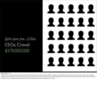 {John, Jane, Joe, ...} Doe
         CEOs, Crowd
         $378,000,000



Friday, March 1, 13
If	
  that	
  doesn't	
  seem	
  that	
  plausible,	
  just	
  think	
  about	
  how	
  leadership	
  can	
  be	
  distributed.	
  Diﬀerent	
  people	
  can	
  bring	
  diﬀerent	
  leadership	
  skills	
  to	
  the	
  table,	
  with	
  some	
  providing	
  
feedback,	
  some	
  direcHon,	
  some	
  rewards	
  and	
  sancHons.	
  Can	
  we	
  draw	
  on	
  what	
  we	
  know	
  from	
  shared	
  leadership	
  in	
  online	
  communiHes	
  like	
  wikipedia	
  or	
  open	
  source	
  soIware	
  to	
  
develop	
  dynamic	
  and	
  distributed	
  leadership	
  teams	
  that	
  together	
  would	
  be	
  as	
  valuable	
  as	
  a	
  Hm	
  cook.
 