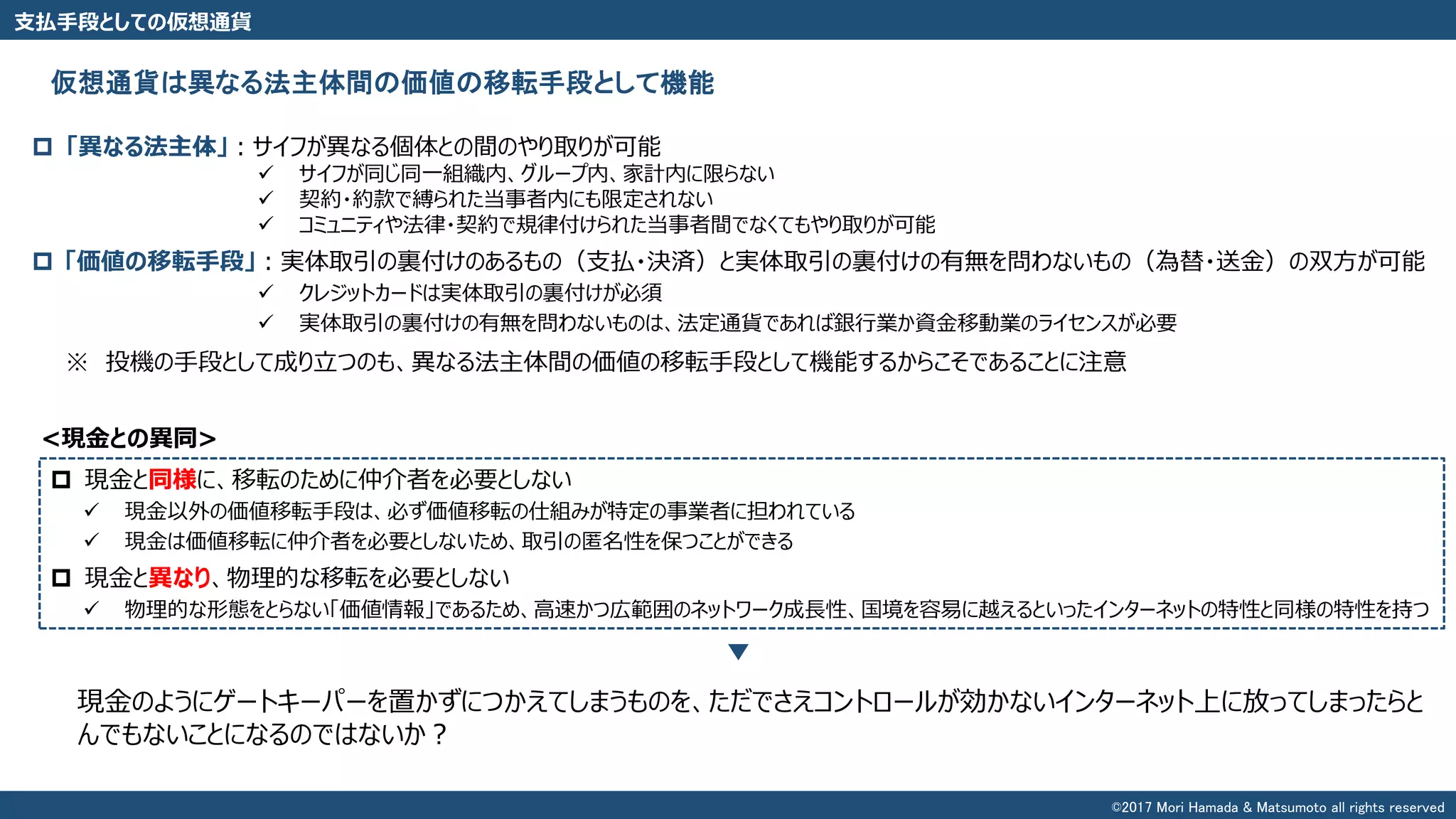 支払手段としての仮想通貨
仮想通貨は異なる法主体間の価値の移転手段として機能
 「異なる法主体」：サイフが異なる個体との間のやり取りが可能
 サイフが同じ同一組織内、グループ内、家計内に限らない
 契約・約款で縛られた当事者内にも限定されない
 コミュニティや法律・契約で規律付けられた当事者間でなくてもやり取りが可能
 「価値の移転手段」：実体取引の裏付けのあるもの（支払・決済）と実体取引の裏付けの有無を問わないもの（為替・送金）の双方が可能
 クレジットカードは実体取引の裏付けが必須
 実体取引の裏付けの有無を問わないものは、法定通貨であれば銀行業か資金移動業のライセンスが必要
※ 投機の手段として成り立つのも、異なる法主体間の価値の移転手段として機能するからこそであることに注意
<現金との異同>
 現金と同様に、移転のために仲介者を必要としない
 現金以外の価値移転手段は、必ず価値移転の仕組みが特定の事業者に担われている
 現金は価値移転に仲介者を必要としないため、取引の匿名性を保つことができる
 現金と異なり、物理的な移転を必要としない
 物理的な形態をとらない「価値情報」であるため、高速かつ広範囲のネットワーク成長性、国境を容易に越えるといったインターネットの特性と同様の特性を持つ
現金のようにゲートキーパーを置かずにつかえてしまうものを、ただでさえコントロールが効かないインターネット上に放ってしまったらと
んでもないことになるのではないか？
©2017 Mori Hamada & Matsumoto all rights reserved
 