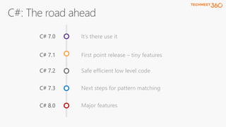 It’s there use it
First point release – tiny features
Safe efficient low level code
Next steps for pattern matching
Major features
 
