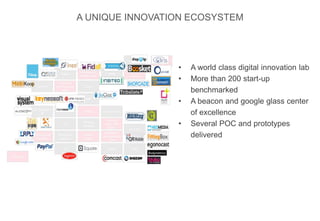 A UNIQUE INNOVATION ECOSYSTEM
• A world class digital innovation lab
• More than 200 start-up
benchmarked
• A beacon and google glass center
of excellence
• Several POC and prototypes
delivered
 