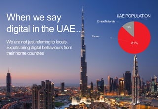 81%
19%
UAE POPULATION
EmiratiNationals
Expats
When we say
digital in the UAE…
We are not just referring to locals.
Expats bring digital behaviours from
their home countries
 