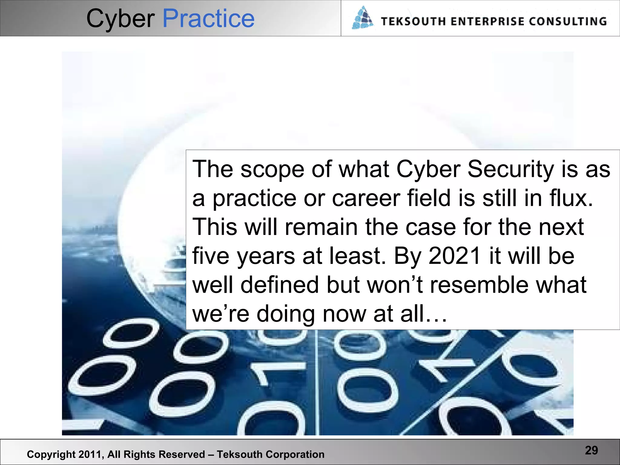 Cyber  Practice Copyright 2011, All Rights Reserved – Teksouth Corporation The scope of what Cyber Security is as a practice or career field is still in flux. This will remain the case for the next five years at least. By 2021 it will be well defined but won’t resemble what we’re doing now at all… 