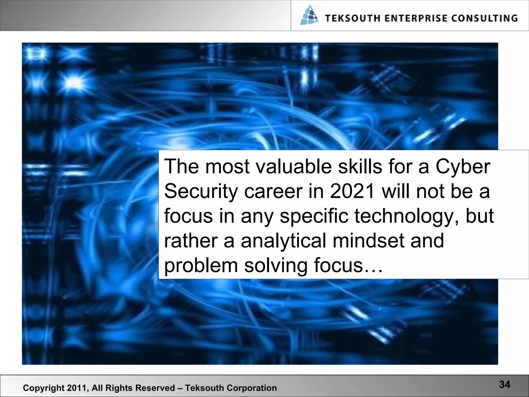 Copyright 2011, All Rights Reserved – Teksouth Corporation The most valuable skills for a Cyber Security career in 2021 will not be a focus in any specific technology, but rather a analytical mindset and problem solving focus… 