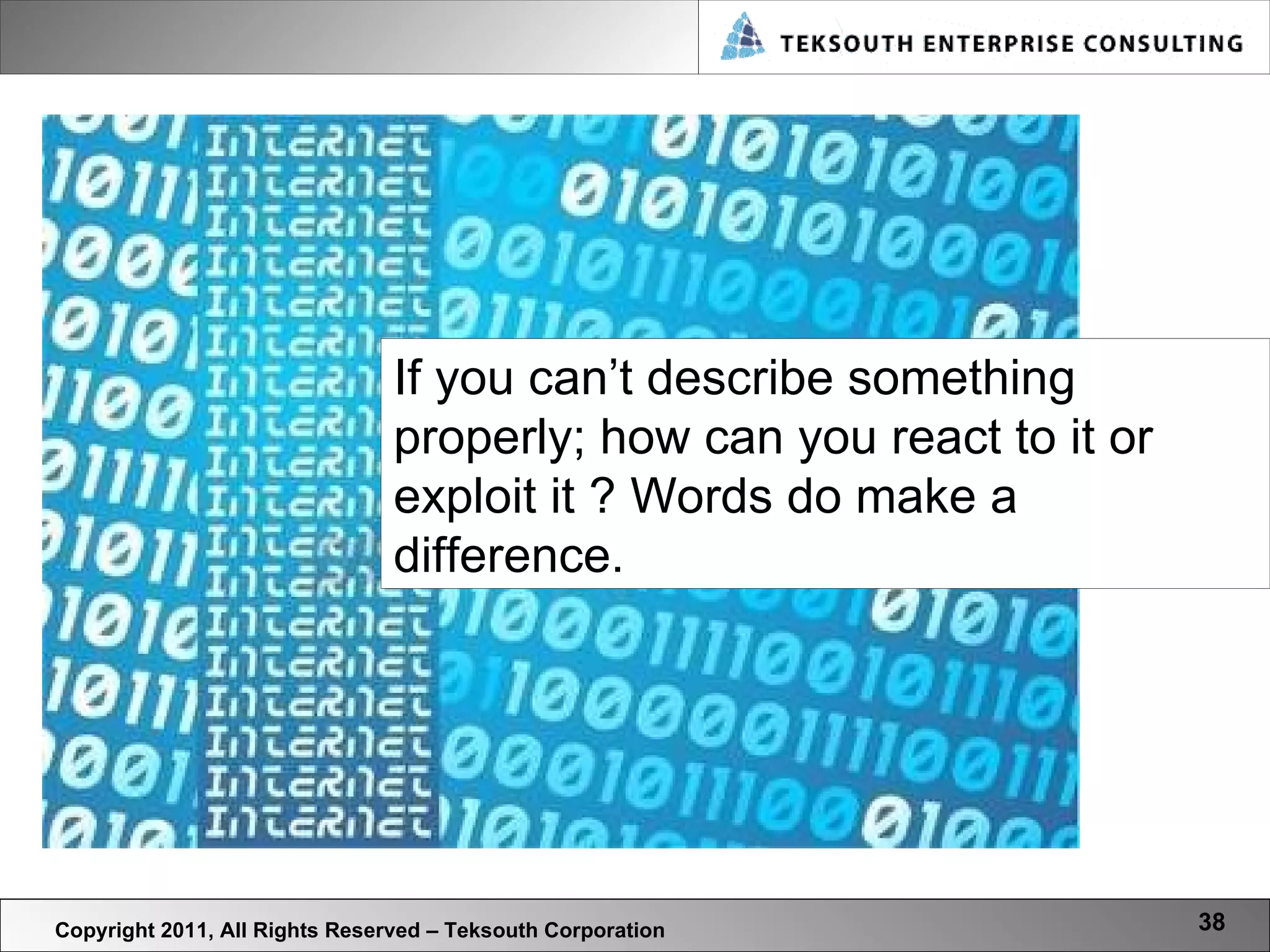 Copyright 2011, All Rights Reserved – Teksouth Corporation If you can’t describe something properly; how can you react to it or exploit it ? Words do make a difference. 
