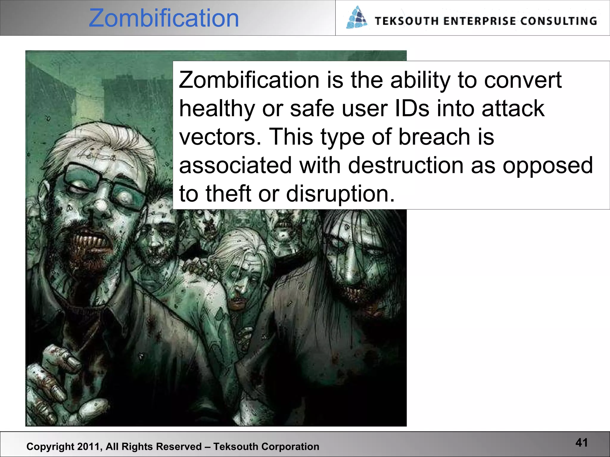 Zombification   Copyright 2011, All Rights Reserved – Teksouth Corporation Zombification is the ability to convert healthy or safe user IDs into attack vectors. This type of breach is associated with destruction as opposed to theft or disruption. 