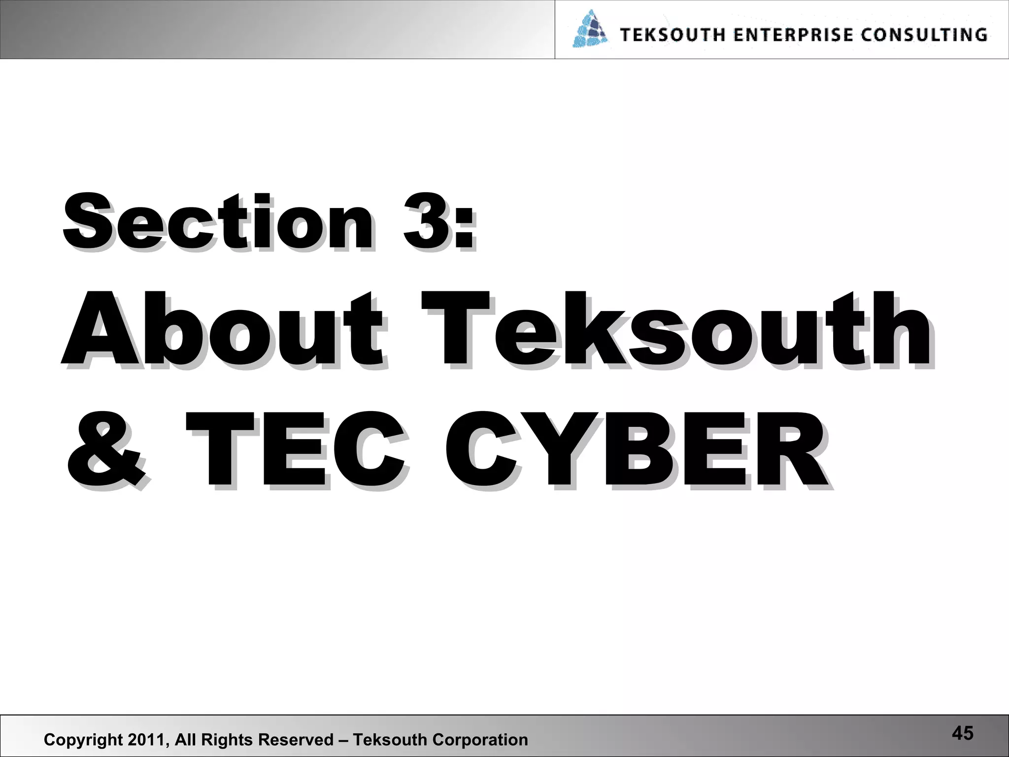 Copyright 2011, All Rights Reserved – Teksouth Corporation Section 3: About Teksouth & TEC CYBER 