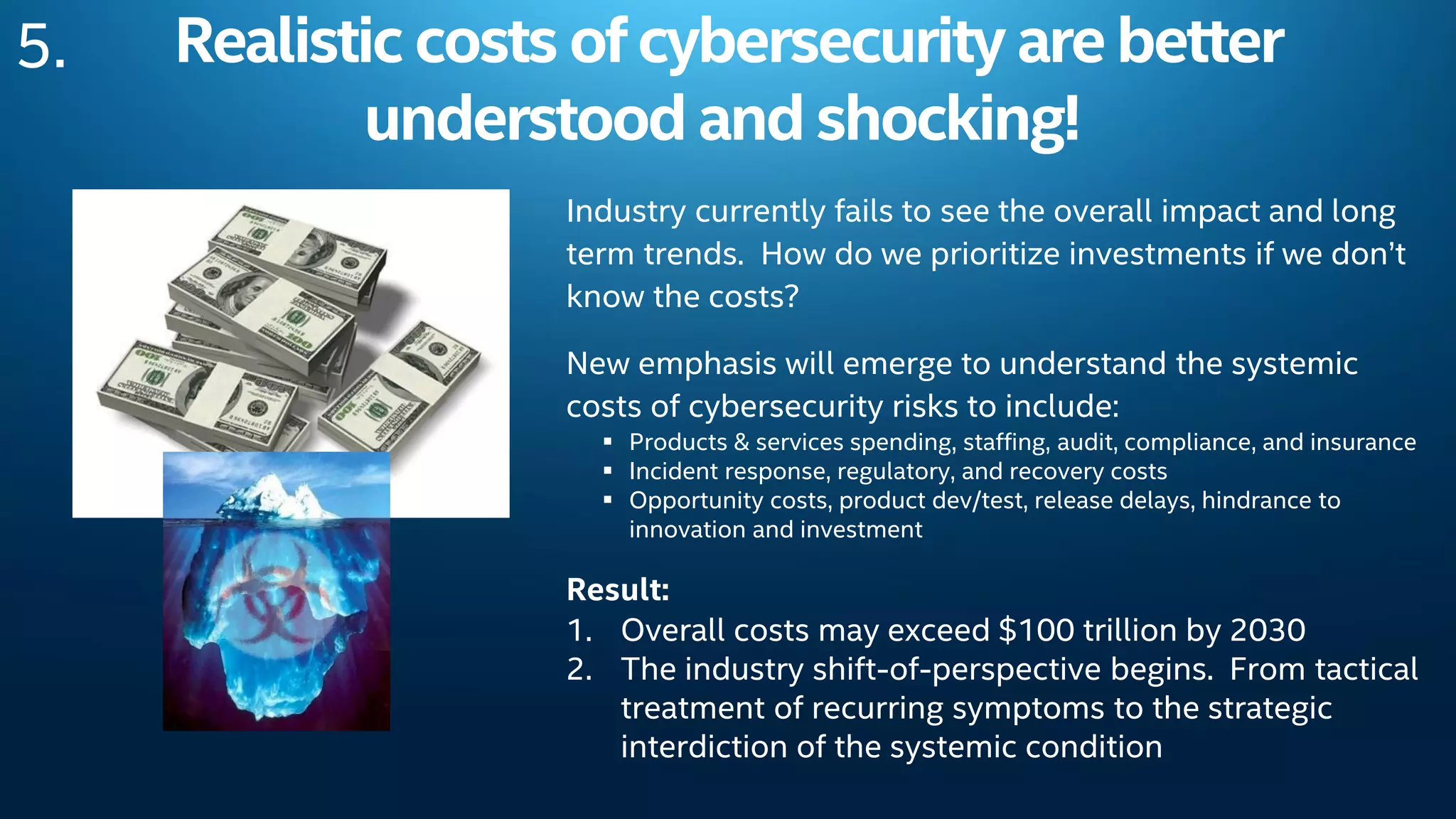 Realistic costs ofcybersecurity arebetter
understood and shocking!
Industry currently fails to see the overall impact and long
term trends. How do we prioritize investments if we don’t
know the costs?
New emphasis will emerge to understand the systemic
costs of cybersecurity risks to include:
 Products & services spending, staffing, audit, compliance, and insurance
 Incident response, regulatory, and recovery costs
 Opportunity costs, product dev/test, release delays, hindrance to
innovation and investment
Result:
1. Overall costs may exceed $100 trillion by 2030
2. The industry shift-of-perspective begins. From tactical
treatment of recurring symptoms to the strategic
interdiction of the systemic condition
5.
 