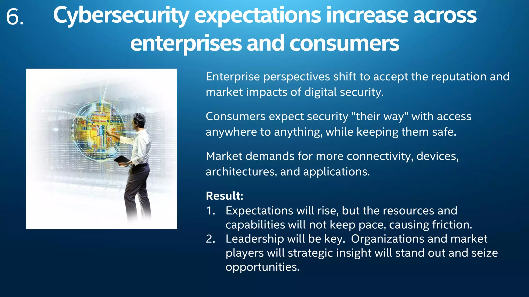 Cybersecurity expectations increase across
enterprises andconsumers
Enterprise perspectives shift to accept the reputation and
market impacts of digital security.
Consumers expect security “their way” with access
anywhere to anything, while keeping them safe.
Market demands for more connectivity, devices,
architectures, and applications.
Result:
1. Expectations will rise, but the resources and
capabilities will not keep pace, causing friction.
2. Leadership will be key. Organizations and market
players will strategic insight will stand out and seize
opportunities.
6.
 
