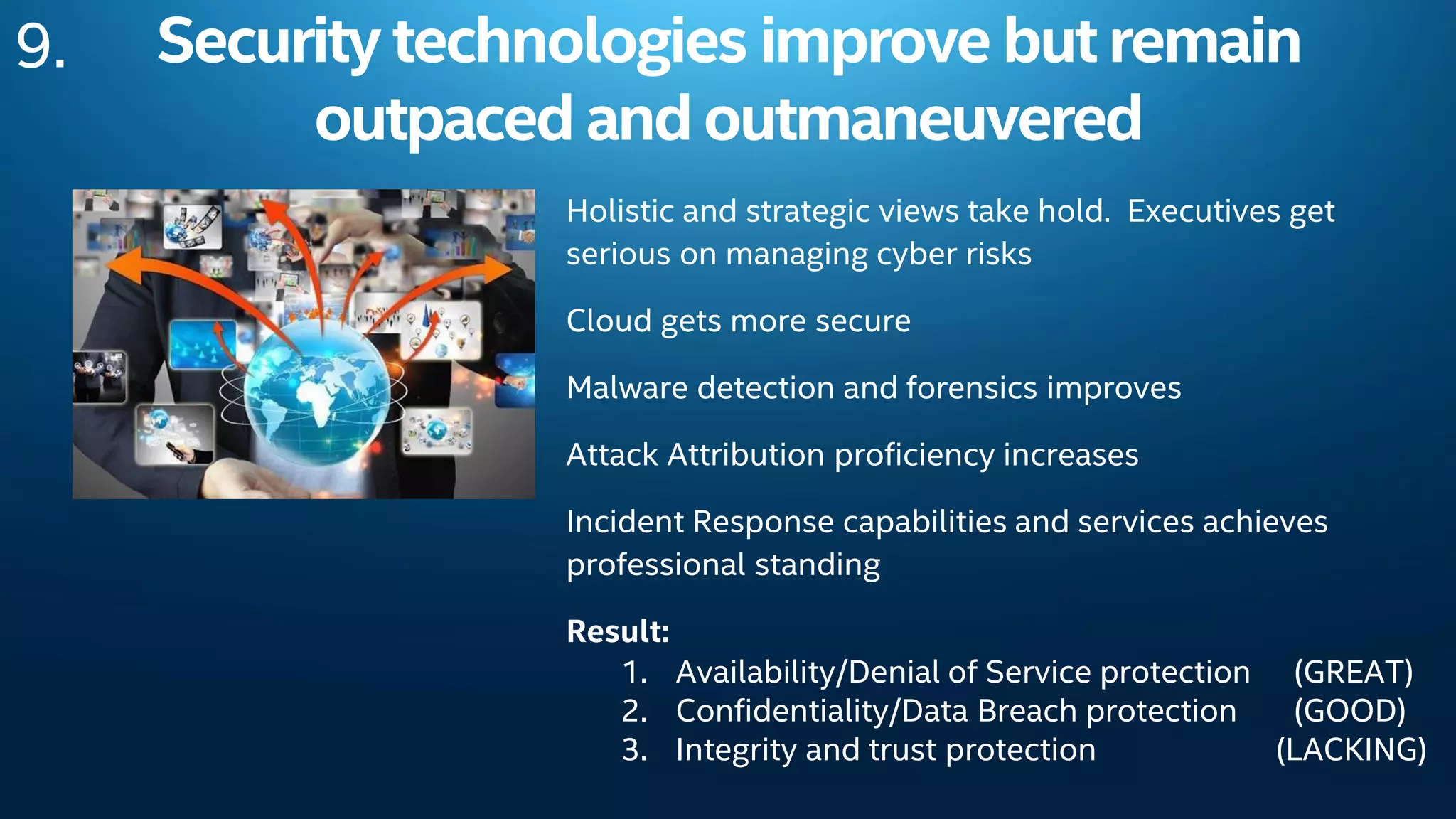 Security technologies improve butremain
outpaced andoutmaneuvered
Holistic and strategic views take hold. Executives get
serious on managing cyber risks
Cloud gets more secure
Malware detection and forensics improves
Attack Attribution proficiency increases
Incident Response capabilities and services achieves
professional standing
Result:
1. Availability/Denial of Service protection (GREAT)
2. Confidentiality/Data Breach protection (GOOD)
3. Integrity and trust protection (LACKING)
9.
 