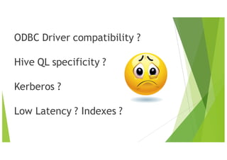 ODBC Driver compatibility ?
Hive QL specificity ?
Kerberos ?
Low Latency ? Indexes ?
 