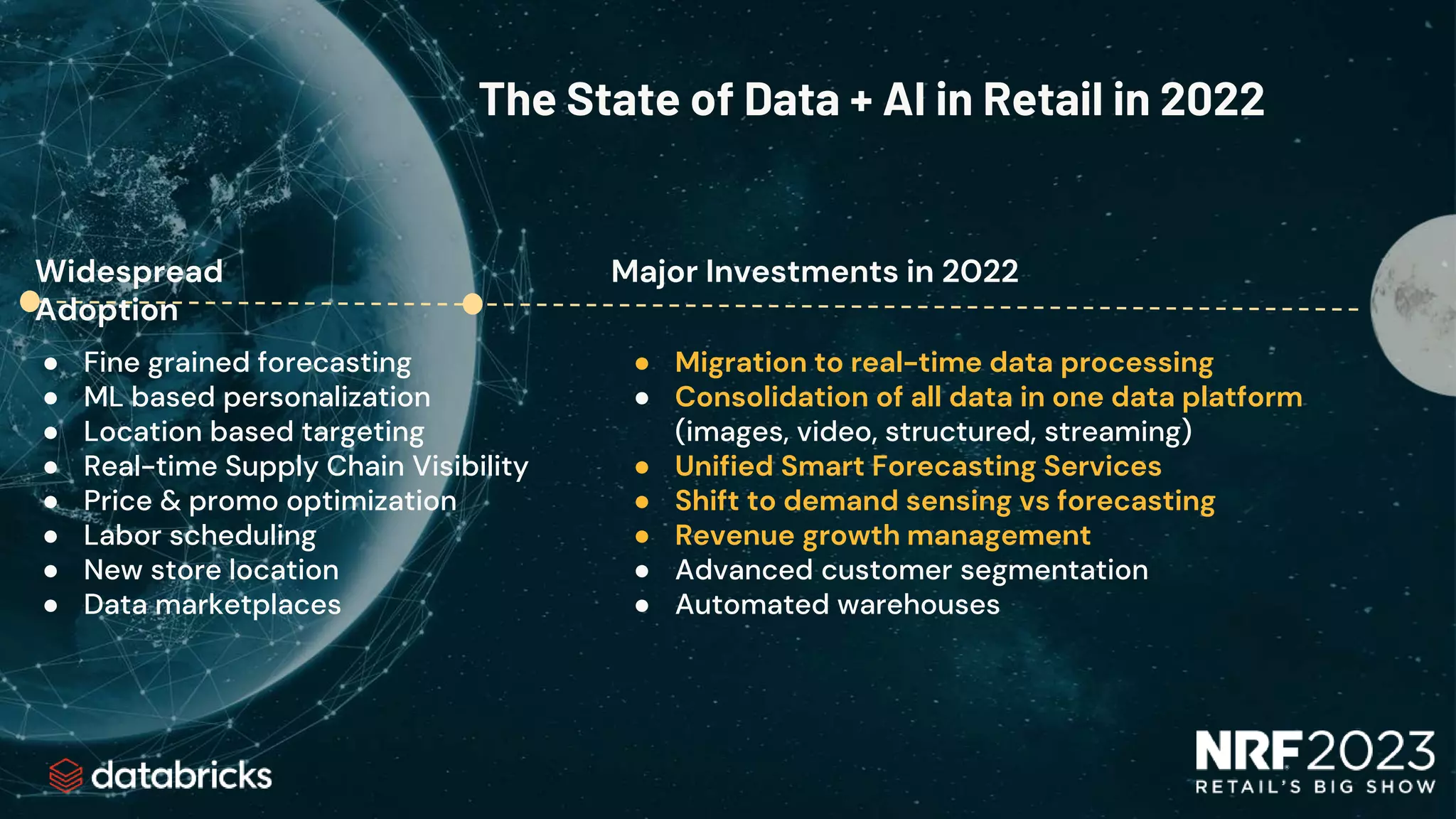 The State of Data + AI in Retail in 2022
● Fine grained forecasting
● ML based personalization
● Location based targeting
● Real-time Supply Chain Visibility
● Price & promo optimization
● Labor scheduling
● New store location
● Data marketplaces
Major Investments in 2022
Widespread
Adoption
● Migration to real-time data processing
● Consolidation of all data in one data platform
(images, video, structured, streaming)
● Unified Smart Forecasting Services
● Shift to demand sensing vs forecasting
● Revenue growth management
● Advanced customer segmentation
● Automated warehouses
 