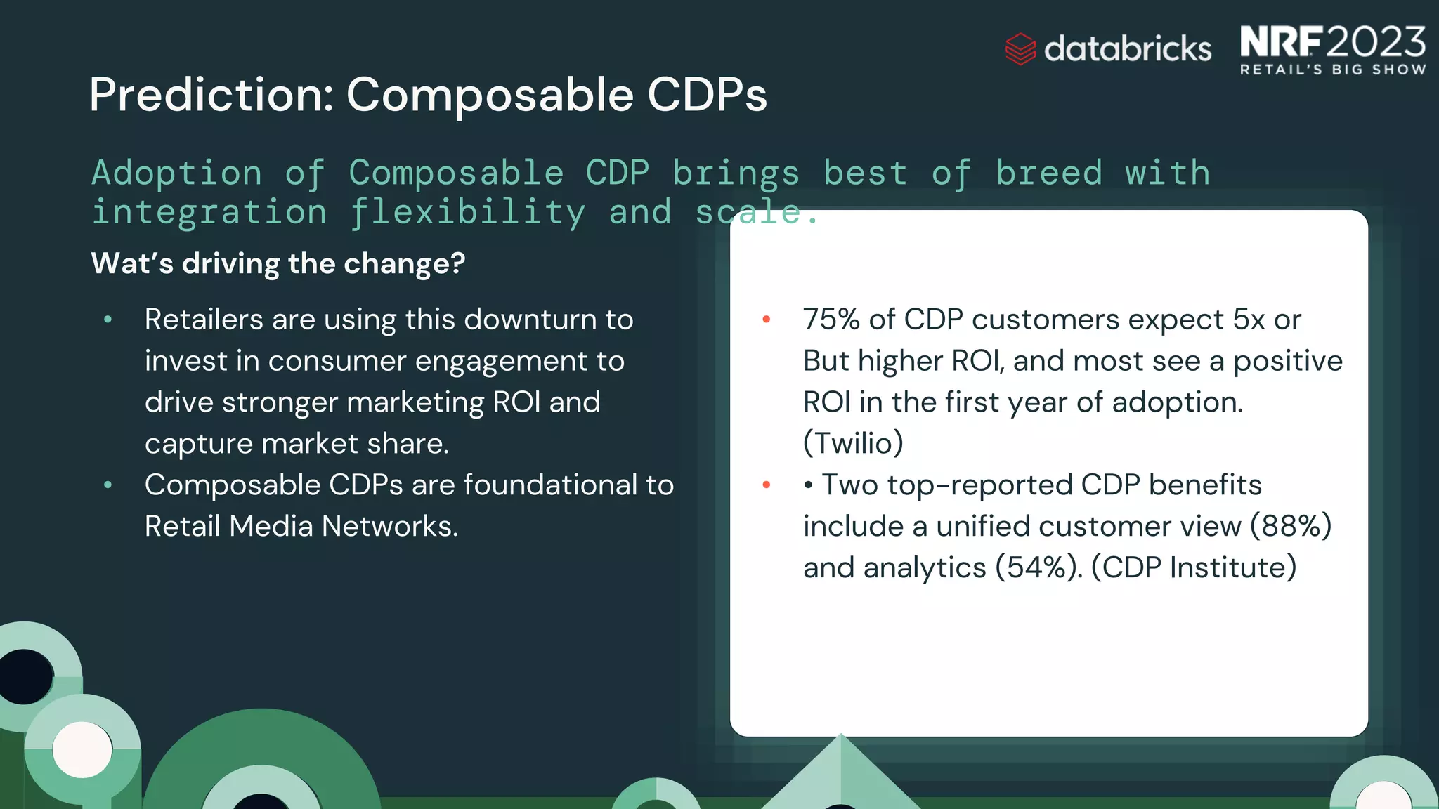 Prediction: Composable CDPs
Adoption of Composable CDP brings best of breed with
integration flexibility and scale.
• Retailers are using this downturn to
invest in consumer engagement to
drive stronger marketing ROI and
capture market share.
• Composable CDPs are foundational to
Retail Media Networks.
Wat’s driving the change?
• 75% of CDP customers expect 5x or
But higher ROI, and most see a positive
ROI in the first year of adoption.
(Twilio)
• • Two top-reported CDP benefits
include a unified customer view (88%)
and analytics (54%). (CDP Institute)
 