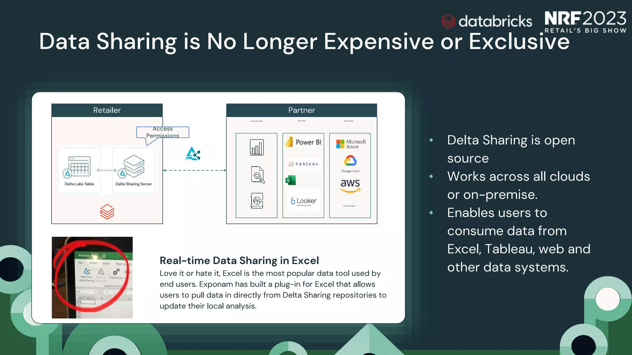 Data Sharing is No Longer Expensive or Exclusive
• Delta Sharing is open
source
• Works across all clouds
or on-premise.
• Enables users to
consume data from
Excel, Tableau, web and
other data systems.
Retailer Partner
Any use case Any tool Any cloud
On-premises
And many more
Data science
Reporting
Analytics
Access
Permissions
Real-time Data Sharing in Excel
Love it or hate it, Excel is the most popular data tool used by
end users. Exponam has built a plug-in for Excel that allows
users to pull data in directly from Delta Sharing repositories to
update their local analysis.
 