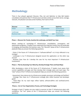 Future of Data Center
Methodology
There is four phased approach Discover, Plan, Act and Optimize to help I&O leaders
consolidate and optimize their IT infrastructure and data centers across their server, storage,
network, virtualization and data center facilities, from start to finish.
Discover Plan Act Optimize
Vision Assessment Organization Performance
Management
Landscape Strategic Plan Processes Benchmarks
Business Case Road Map Tools and
Technology
Continuous
Improvement
Phase 1 – Discover the Trends, Examine the Landscape, and Build Your Case
Before starting—or revamping—IT infrastructure consolidation, convergence and
optimization programs, IT leaders must understand the long-term trends, how the landscape
is changing, and assembles the business cases. The "discover" phase of the IT Infrastructure
playbook helps you answer the following questions:
- Vision: If the future of IT infrastructure is “software-defined”—is it truly reflected in my
strategy?
- Landscape: Is my IT infrastructure designed around the application—or the other way
around?
- Business Case: How do I develop the case for my most important IT infrastructure
investments?
Phase 2 – Plan by Assessing Your Maturity, Develop Strategic Plans and Road Maps
After developing a vision of the future of IT infrastructure, IT leaders must assess their
current capabilities and gaps and then develop their strategic plans and road maps. The
“plan” phase of the IT Infrastructure playbook helps you answer the following questions:
- Assessment: How mature are my infrastructure people, processes, technology and facilities?
- Strategic Plan: Does my IT infrastructure strategic plan reflect business and developer
goals?
- Road Map: Do my road maps reflect hybrid, software-define and workload-centric
imperatives?
Phase 3 – Act on Your Organization, Process, and Technology Strategies
Strategy in hand, IT leaders are now ready to execute on their IT infrastructure plans with
confidence. The "act" phase of the IT Infrastructure helps you answer the following
questions:
 
