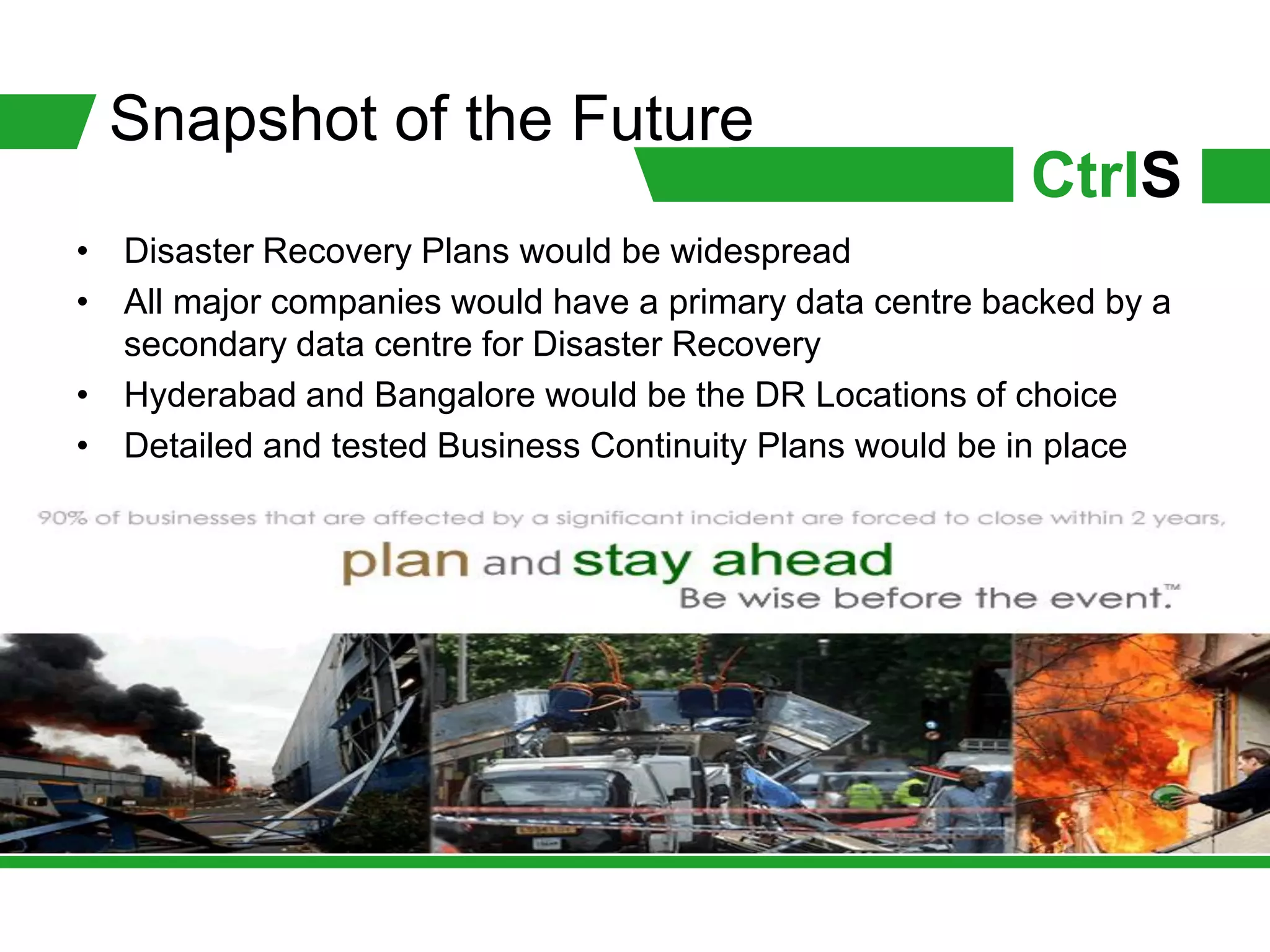 Snapshot of the Future
                                                         CtrlS
• Disaster Recovery Plans would be widespread
• All major companies would have a primary data centre backed by a
  secondary data centre for Disaster Recovery
• Hyderabad and Bangalore would be the DR Locations of choice
• Detailed and tested Business Continuity Plans would be in place
 