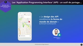 © HUB Institute All Rights Reserved 15
Les ‘Application Programming Interface’ (API) : un outil de partage…5
BIG DATA, API &
PLATEFORMISATION DE
L’ÉCONOMIE
« Le design des API
conditionne la forme du
monde de demain »
#OPENAPI #OPENDATA
Mehdi Medjaoui,
OAuth.io
 
