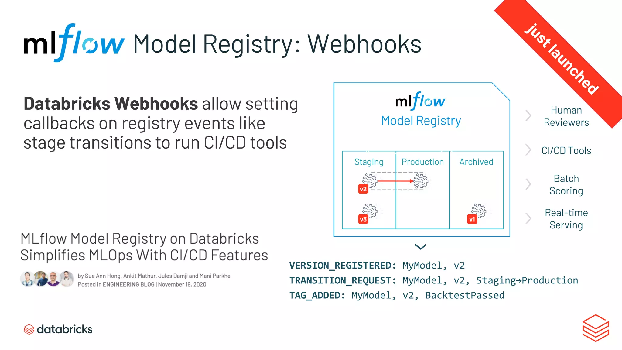 Databricks Webhooks allow setting
callbacks on registry events like
stage transitions to run CI/CD tools
Model Registry: Webhooks
j
u
s
t
l
a
u
n
c
h
e
d
Staging Production Archived
Data Scientists Deployment Engineers
Model Registry
Human
Reviewers
CI/CD Tools
Batch
Scoring
Real-time
Serving
v2
v3 v1
VERSION_REGISTERED: MyModel, v2
TRANSITION_REQUEST: MyModel, v2, Staging→Production
TAG_ADDED: MyModel, v2, BacktestPassed
 
