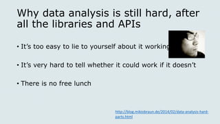 Why data analysis is still hard, after
all the libraries and APIs
• It’s too easy to lie to yourself about it working
• It’s very hard to tell whether it could work if it doesn’t
• There is no free lunch
http://blog.mikiobraun.de/2014/02/data-analysis-hard-
parts.html
 