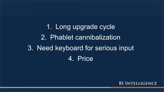 1. Long upgrade cycle
2. Phablet cannibalization
3. Need keyboard for serious input
4. Price
 