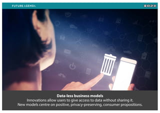 Data-less business models
Innovations allow users to give access to data without sharing it.
New models centre on positive, privacy-preserving, consumer propositions.
 