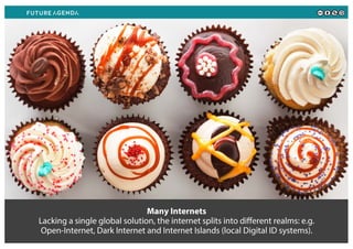 Many Internets
Lacking a single global solution, the internet splits into different realms: e.g.
Open-Internet, Dark Internet and Internet Islands (local Digital ID systems).
 