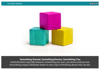 Something Owned, Something Known, Something You
Authentication typically features something you own, you know and you are.
Innovating unique attributes leads to new ways of thinking about who we are.
 