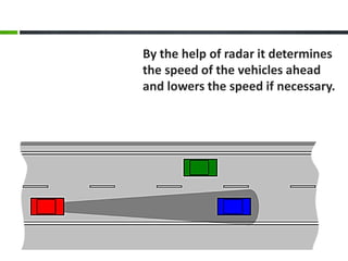 By the help of radar it determines
the speed of the vehicles ahead
and lowers the speed if necessary.
 