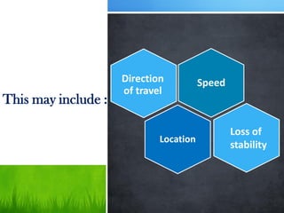 This may include :
Speed
Location
Direction
of travel
Loss of
stability
 