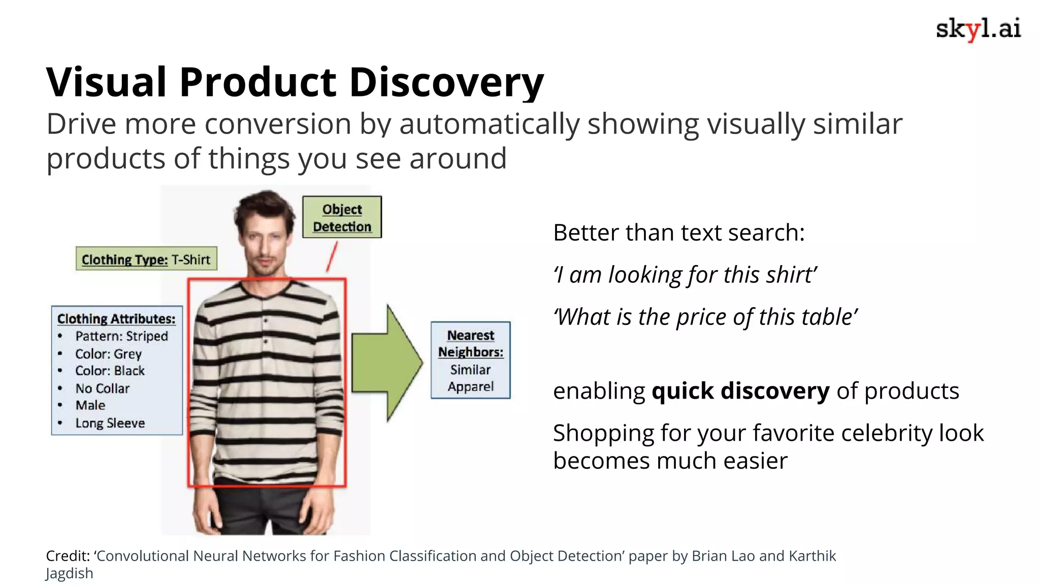 Visual Product Discovery
Better than text search:
‘I am looking for this shirt’
‘What is the price of this table’
enabling quick discovery of products
Shopping for your favorite celebrity look
becomes much easier
Drive more conversion by automatically showing visually similar
products of things you see around
Credit: ‘Convolutional Neural Networks for Fashion Classification and Object Detection’ paper by Brian Lao and Karthik
Jagdish
 