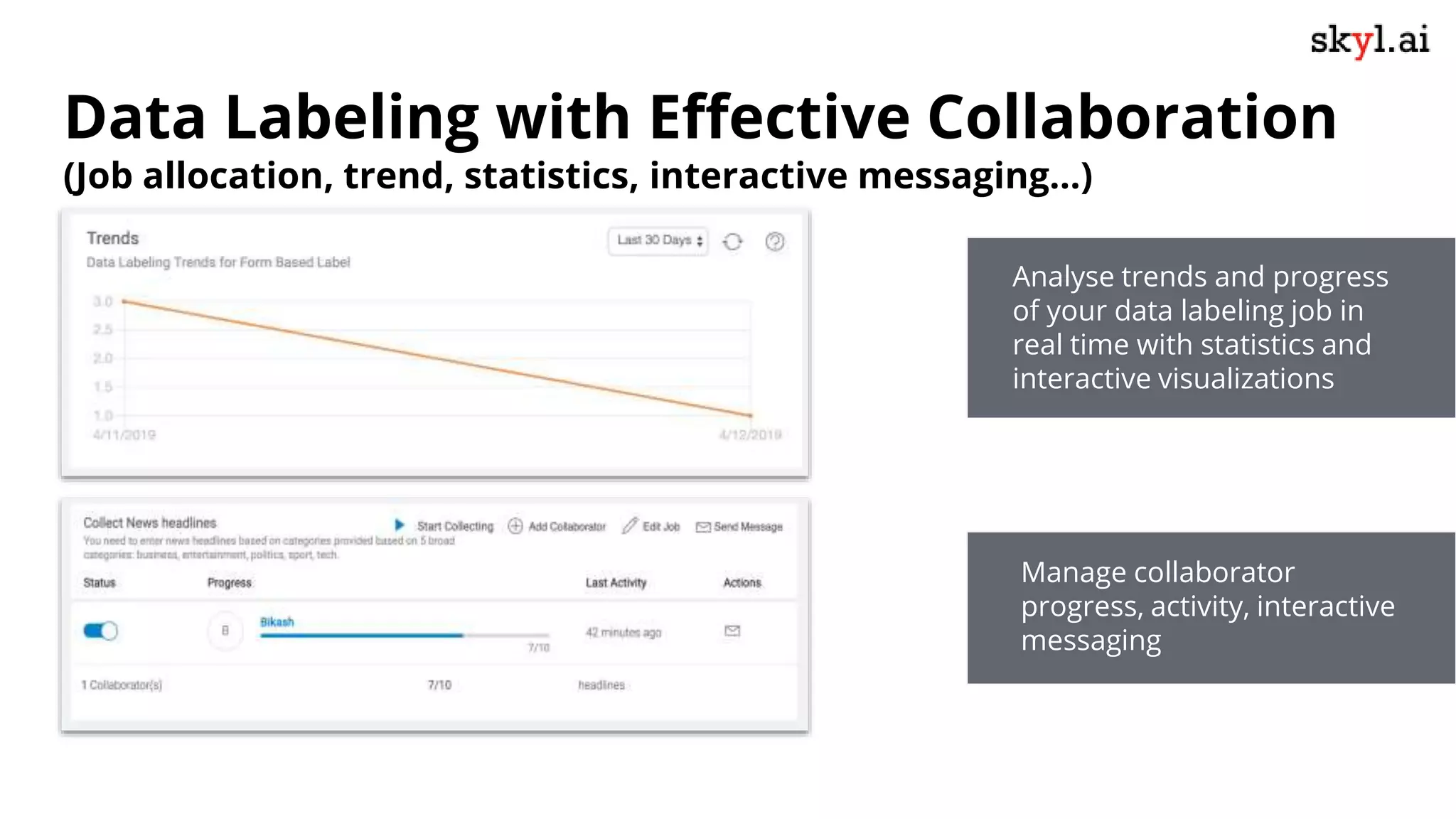 Data Labeling with Effective Collaboration
(Job allocation, trend, statistics, interactive messaging…)
Analyse trends and progress
of your data labeling job in
real time with statistics and
interactive visualizations
Manage collaborator
progress, activity, interactive
messaging
 
